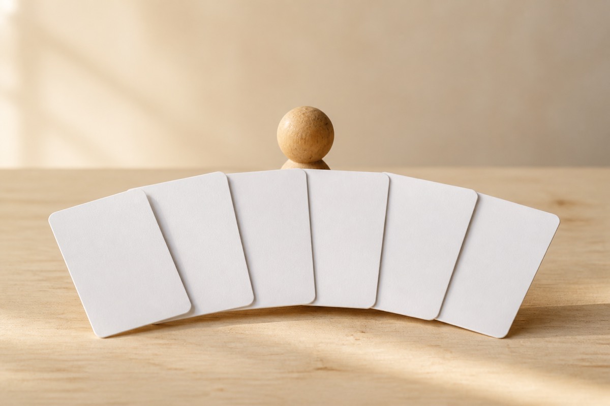 A fan of six identical blank cards with a wooden figure behind them, only its head showing