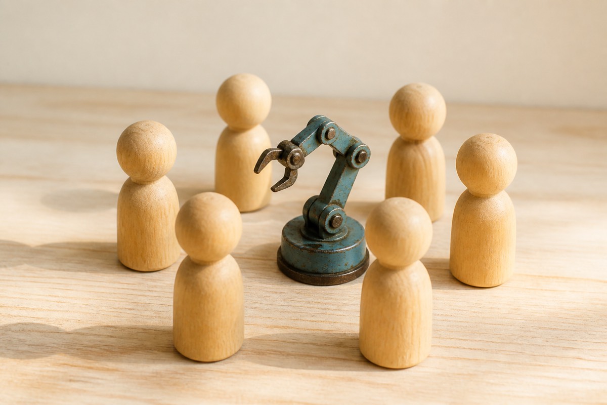Six wooden figures standing in a circle around one small toy robot arm